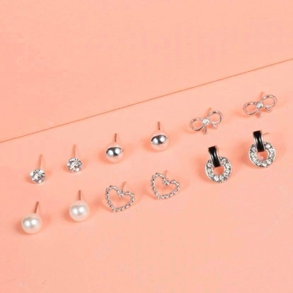 6 Pair Of Stud Earrings, Bow, Heart, Pearl, Silver